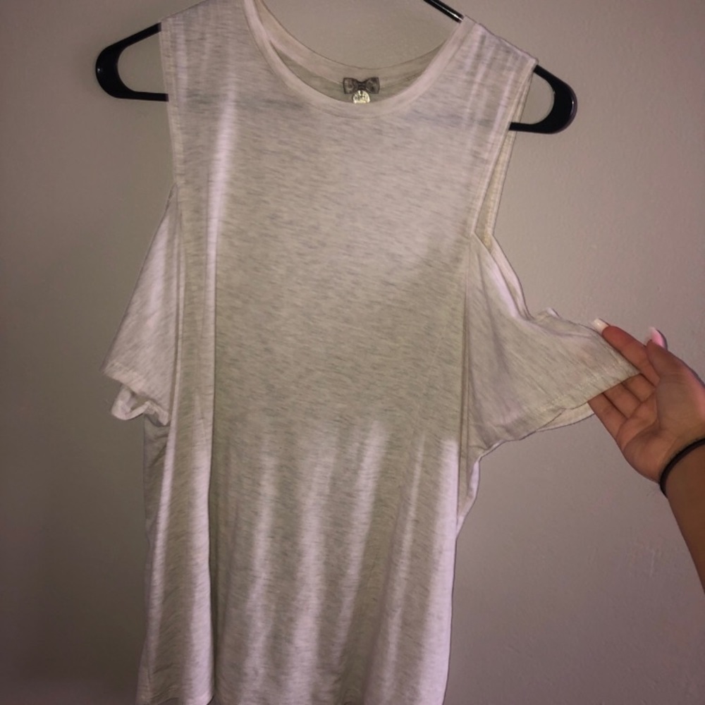 beige open shoulder blouse